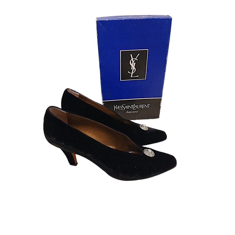 Yves Saint Laurent Black Velvet Jeweled Pointed Toe Heels Size 9.5 Party Vintage - Picture 1 of 16